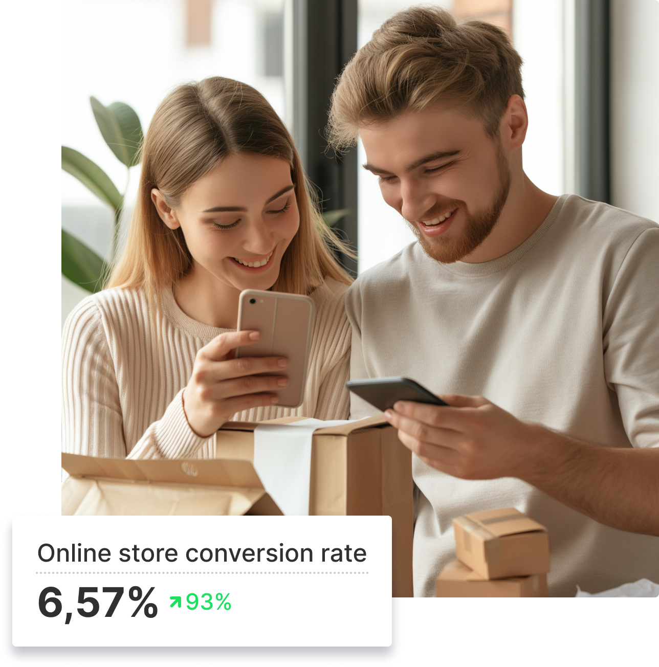 Couple looking at their stores conversion rate on the Shopify app