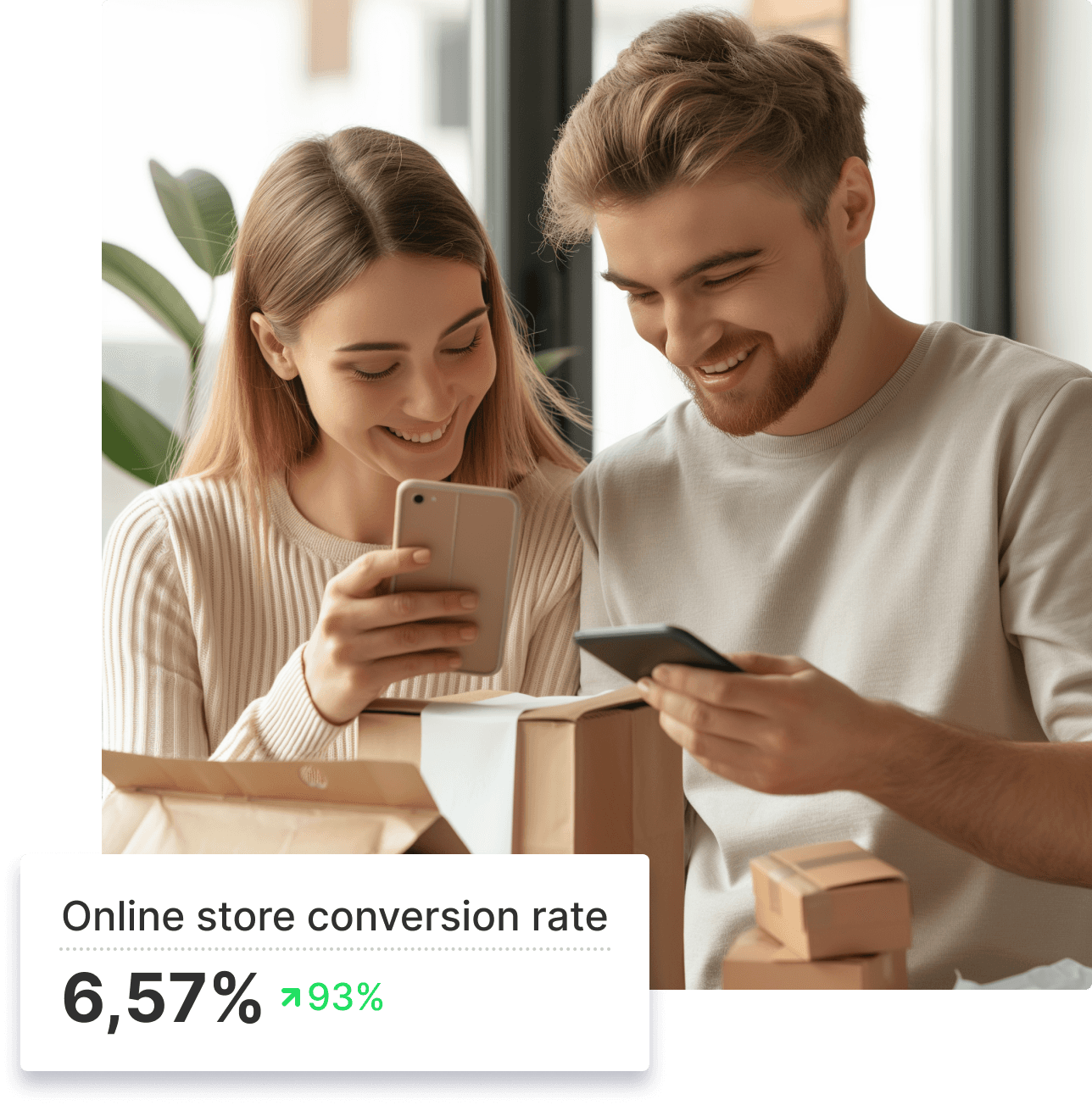 Couple looking at their stores conversion rate on the Shopify app