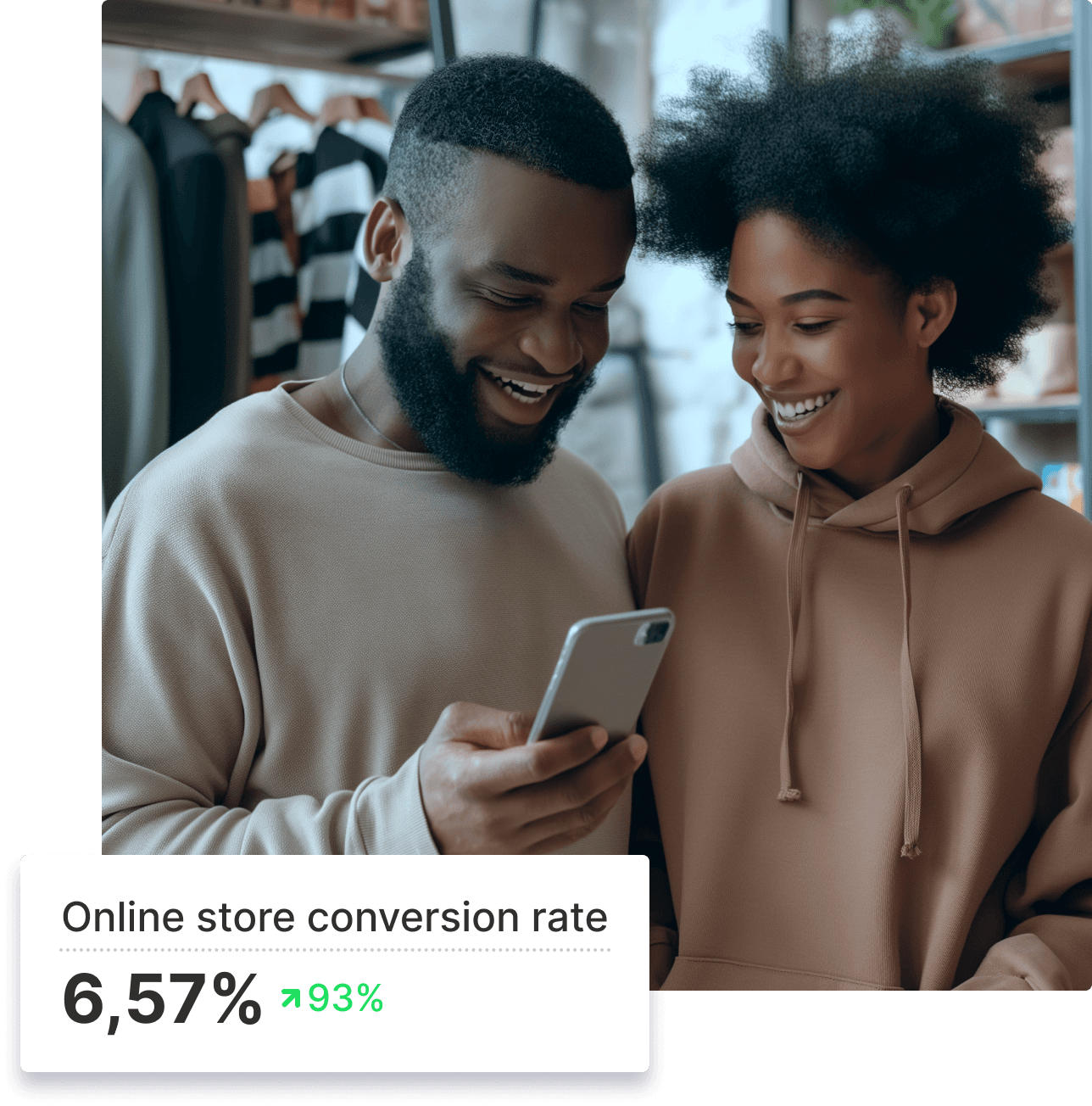 Couple looking at their stores conversion rate on the Shopify app