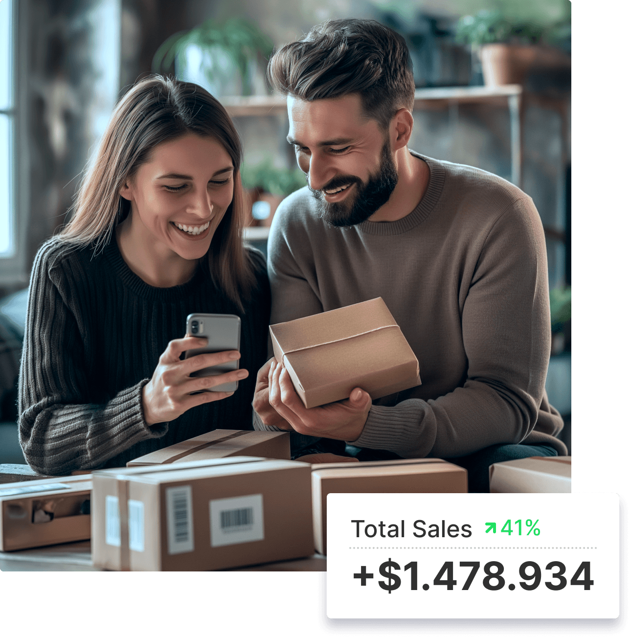 Couple looking at their stores Shopify total sales