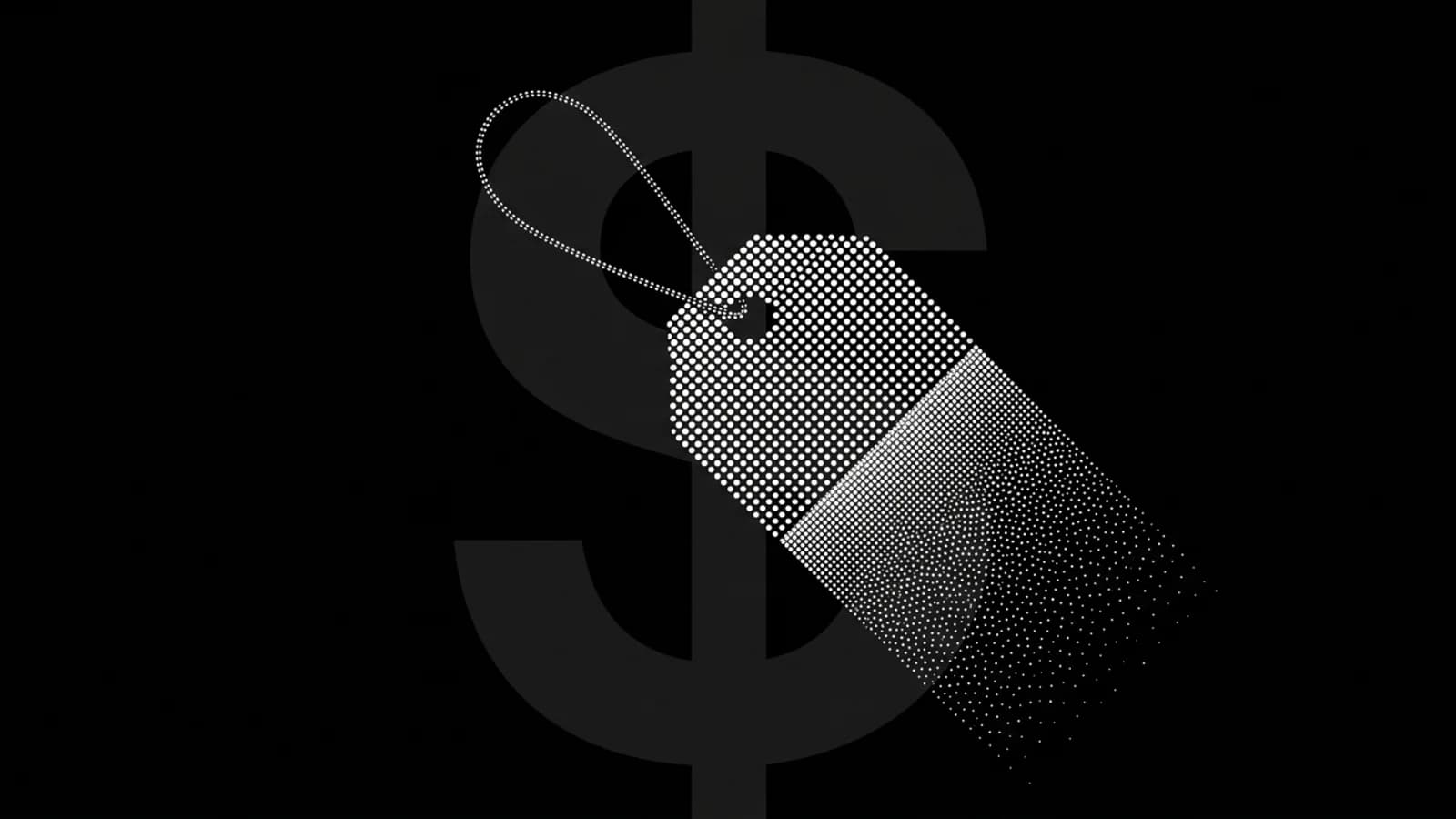 A price tag dissolving into halftone particles on black