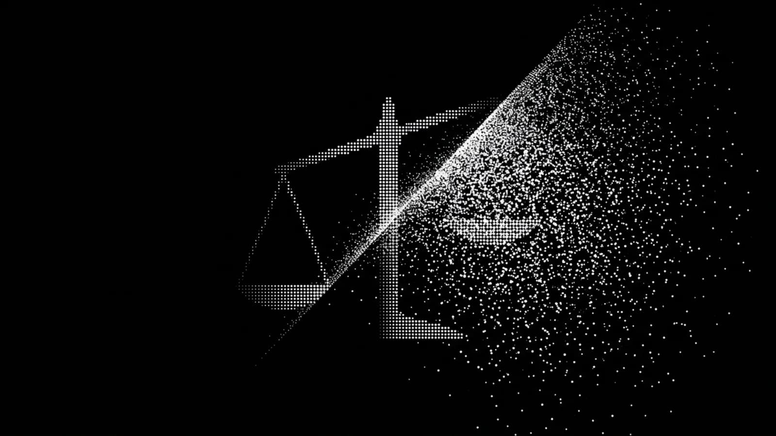 A tipped balance scale in white microdots on black