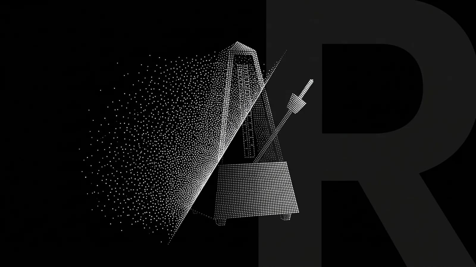 A metronome mid-swing, rendered in white halftone dots on black