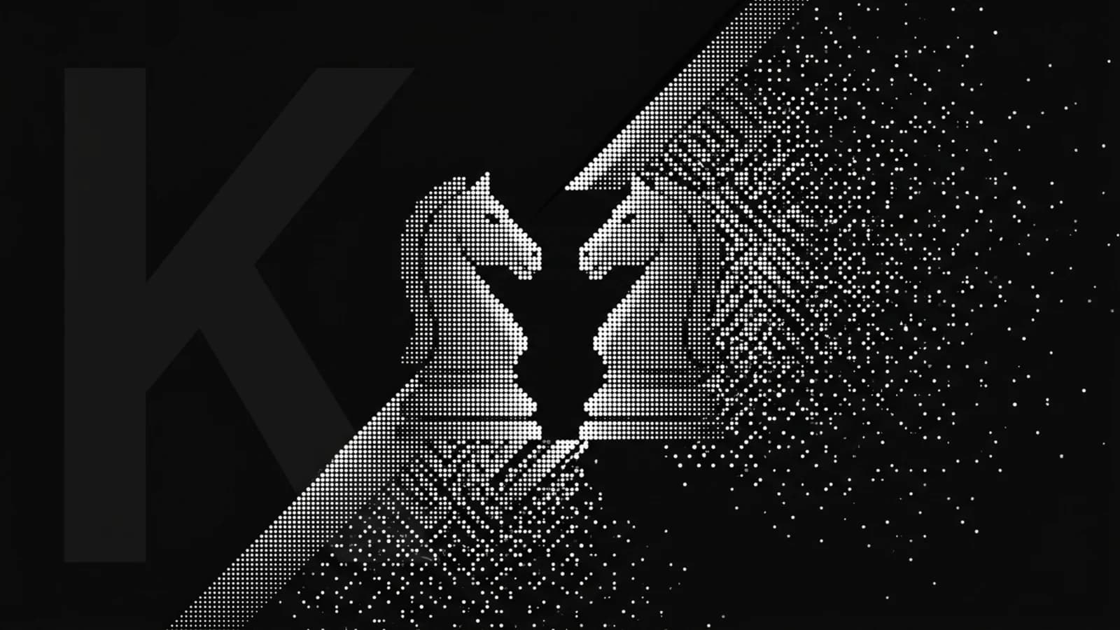 Two chess knights facing each other, dissolving into white halftone dots on black