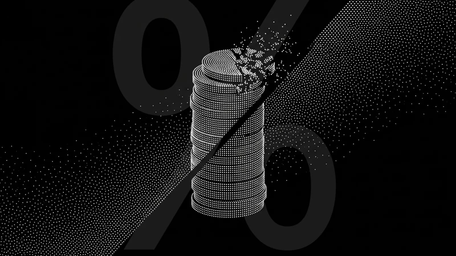 A stack of coins dissolving into white microdots on black