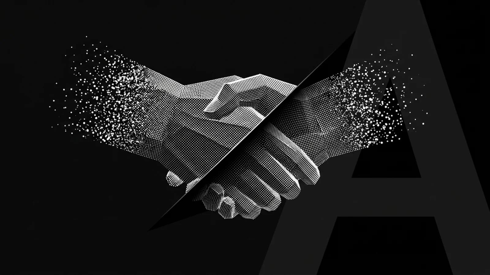 A geometric handshake dissolving into halftone particles on black