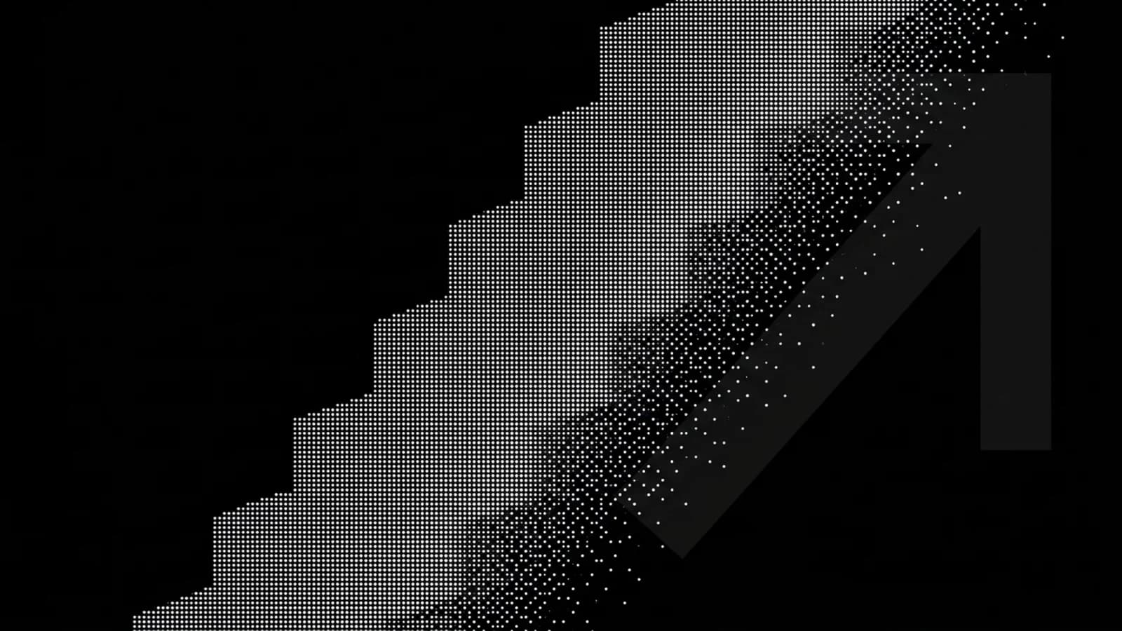 A staircase of blocks rising diagonally, dissolving into dots on black