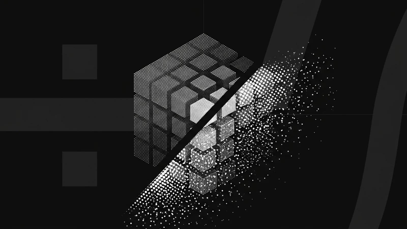 A cube splitting into smaller cubes of white dots on black