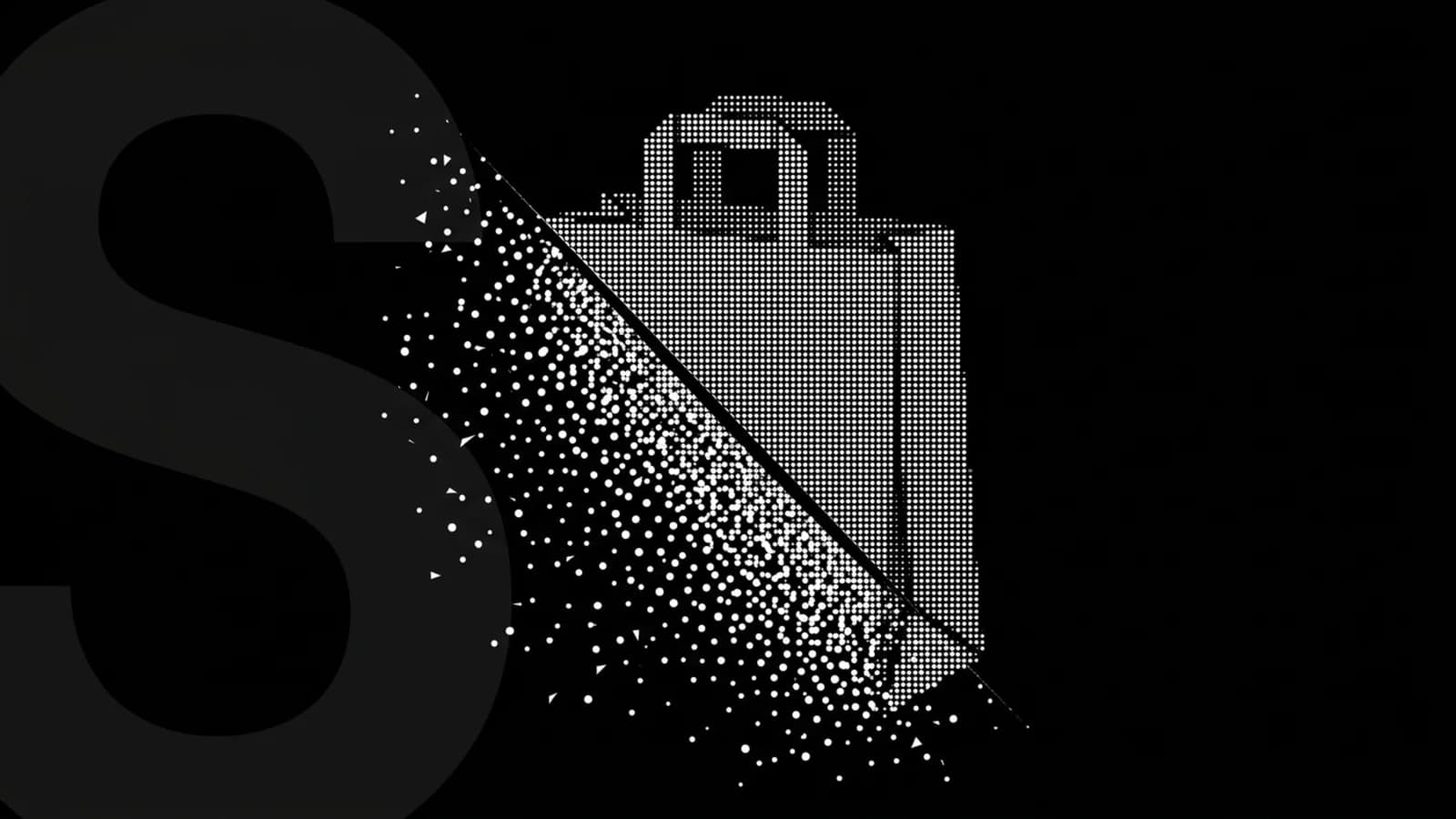A shopping bag dissolving into white particle fields on black