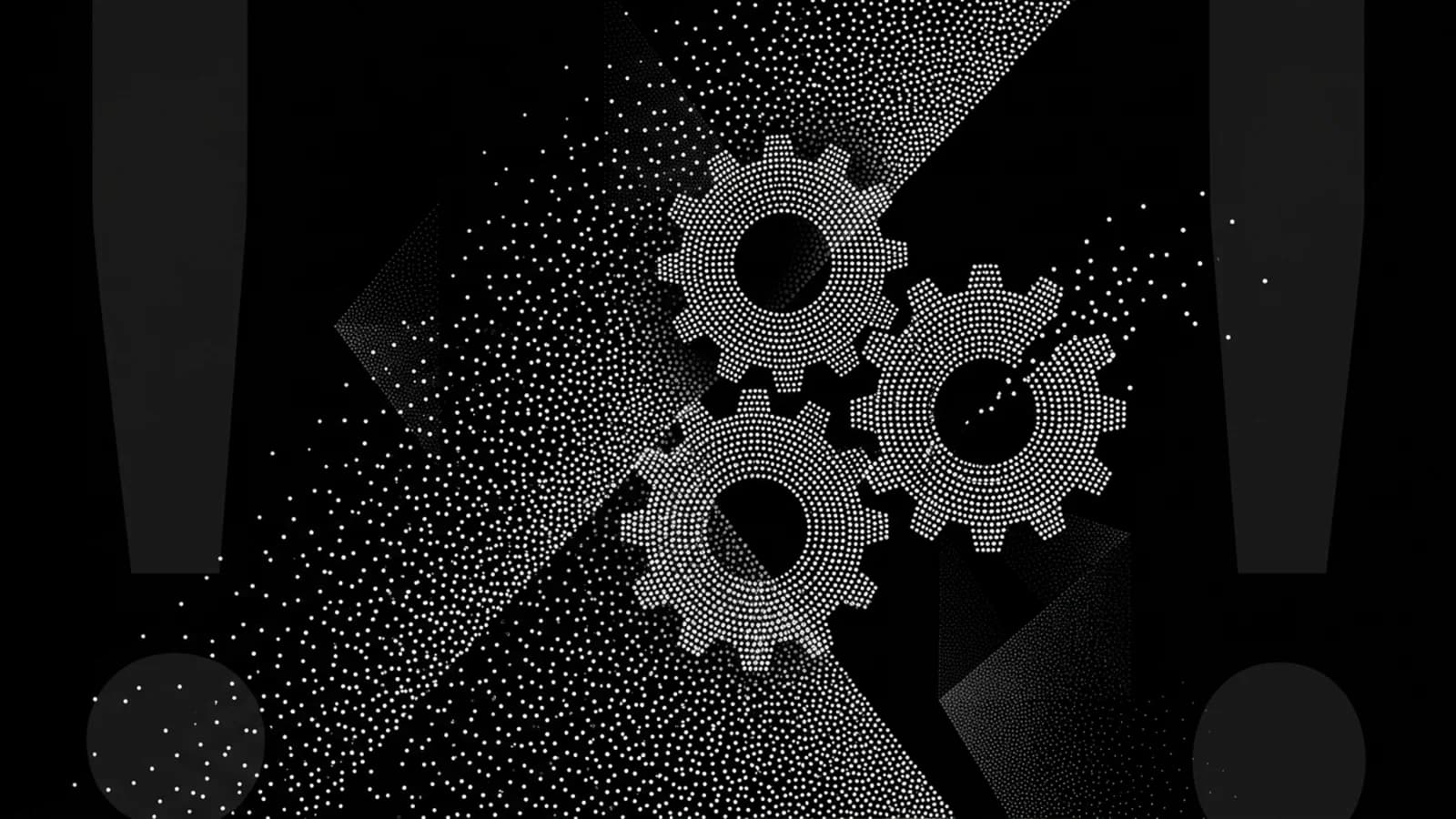 Three interlocking gears, one cracked and dissolving, on black