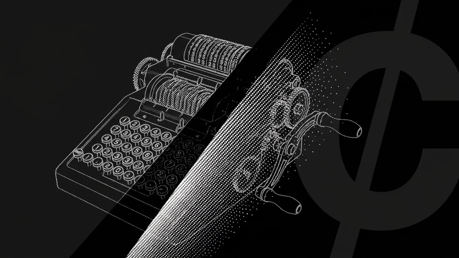 A mechanical adding machine dissolving into halftone particles on black