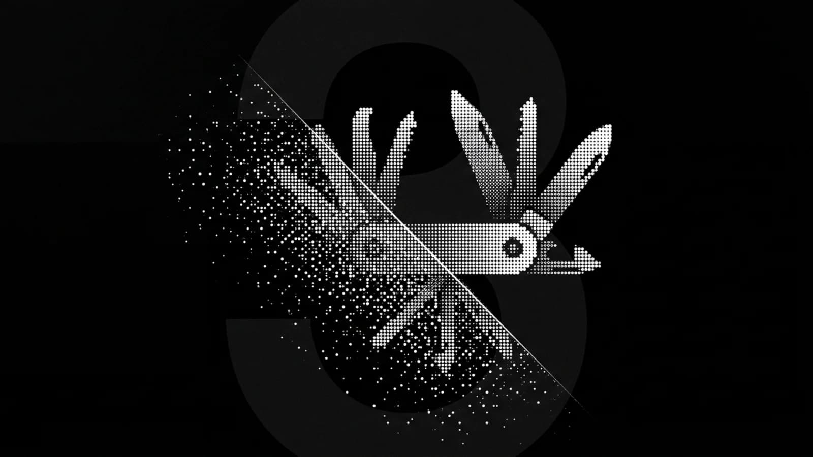 A multi-tool with fanned blades in white microdots on black