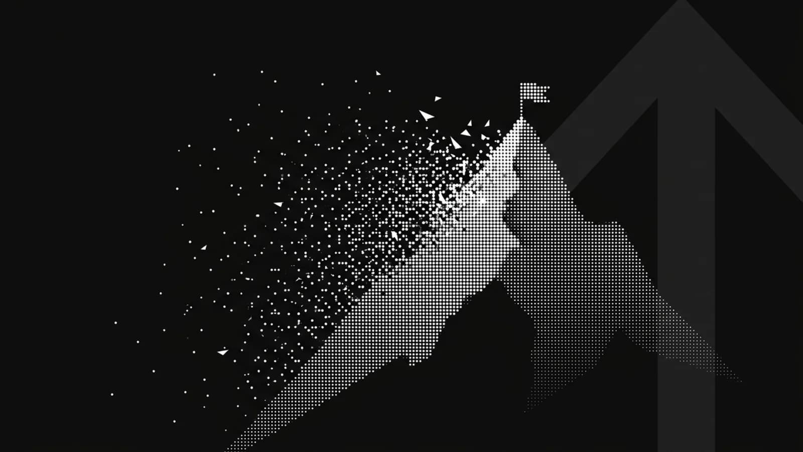 A mountain peak with a flag, rendered in white halftone dots on black