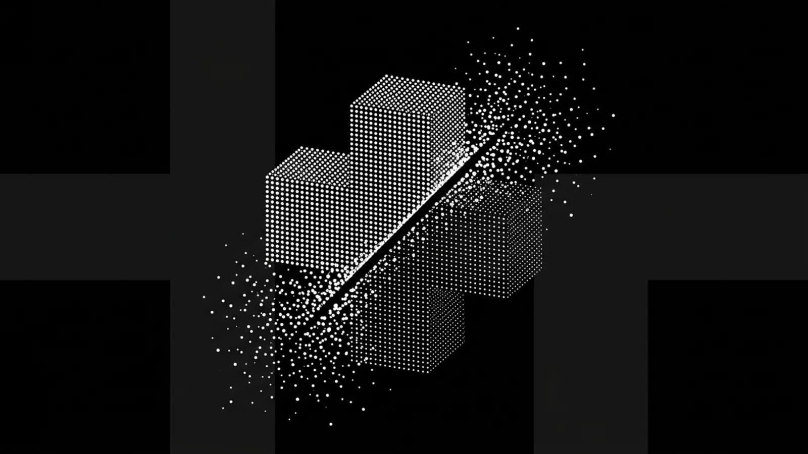 A solid plus-shaped block dissolving into particles on black