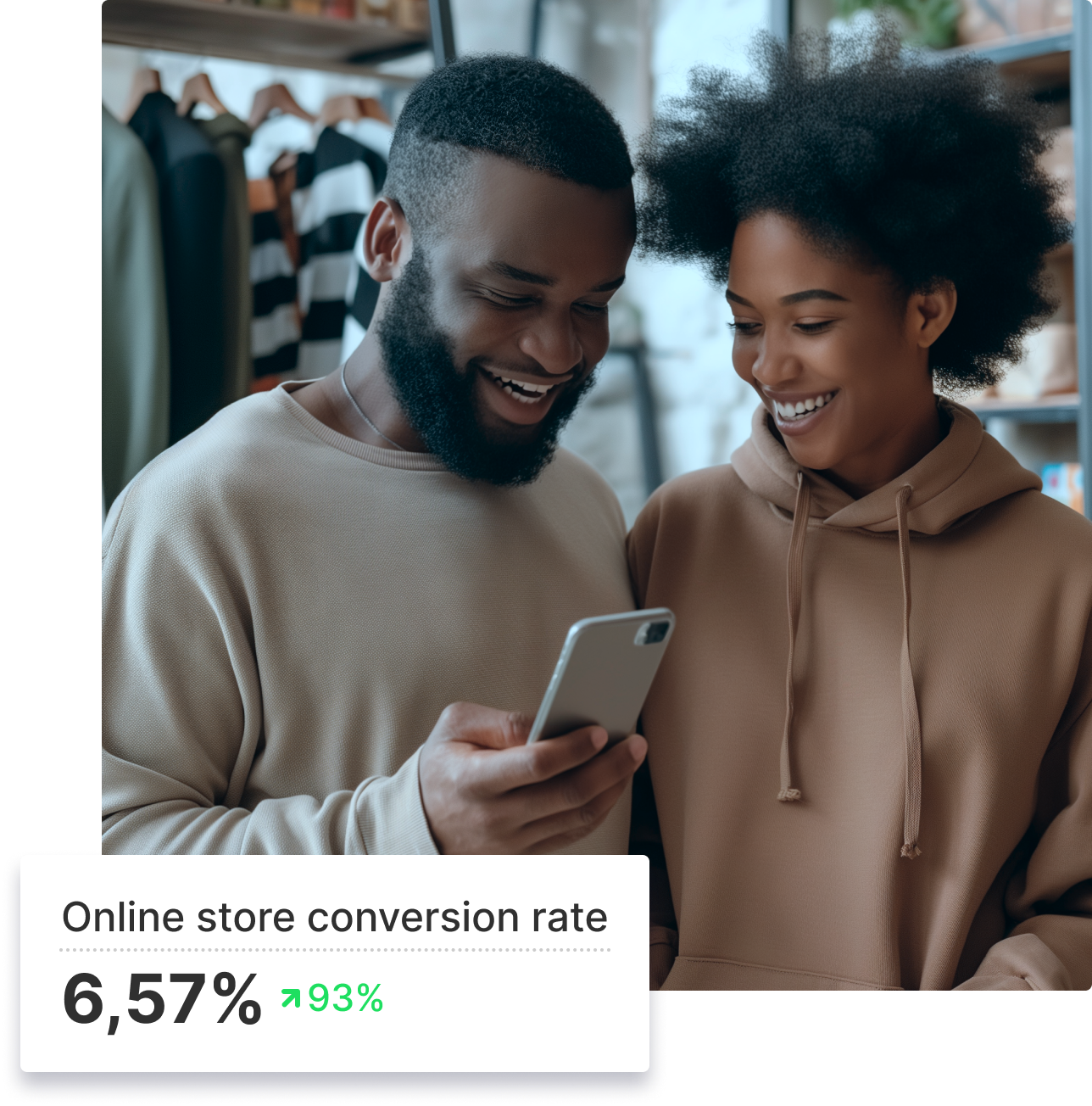 Couple looking at their stores conversion rate on the Shopify app