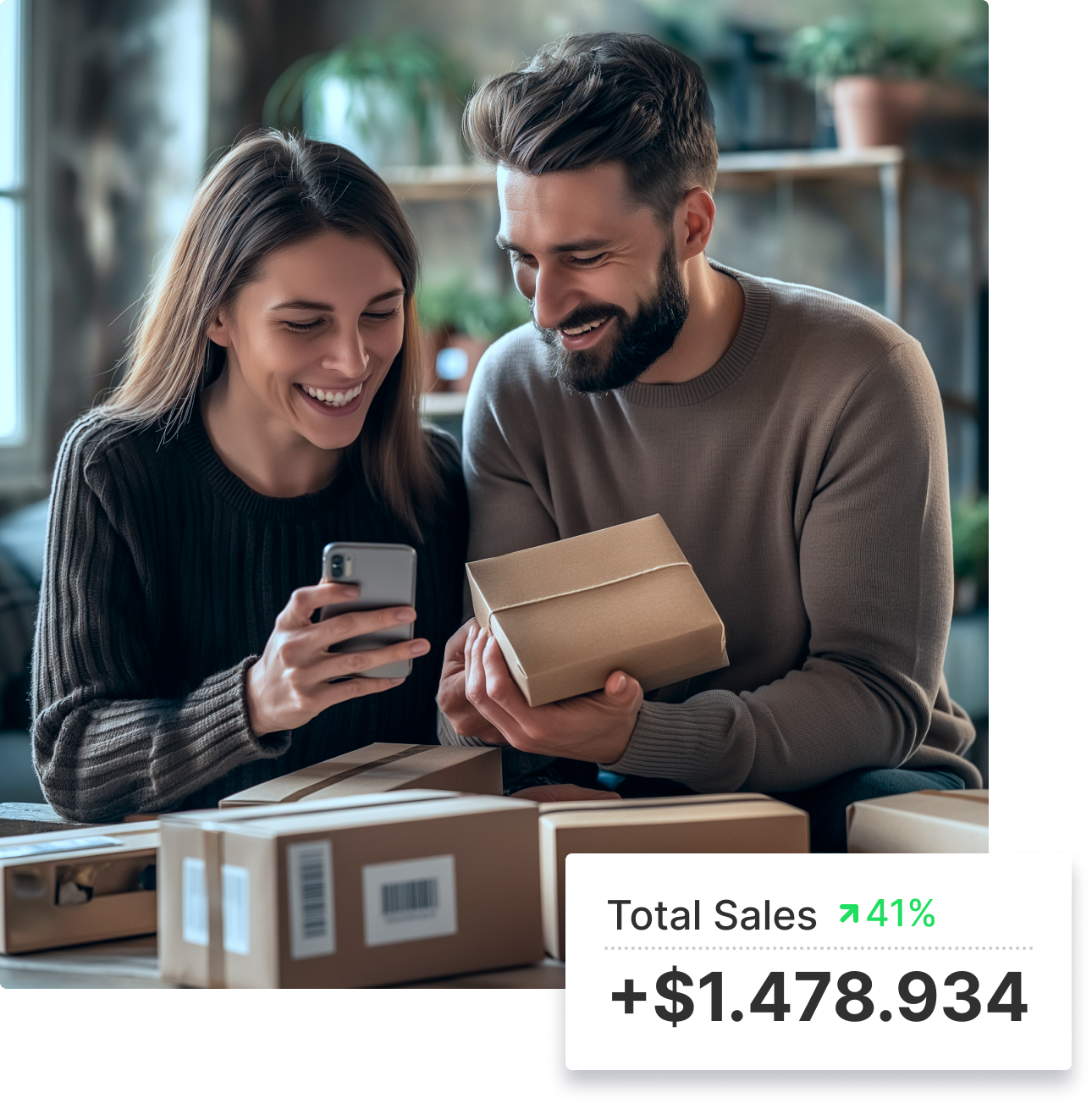 Couple looking at their stores Shopify total sales