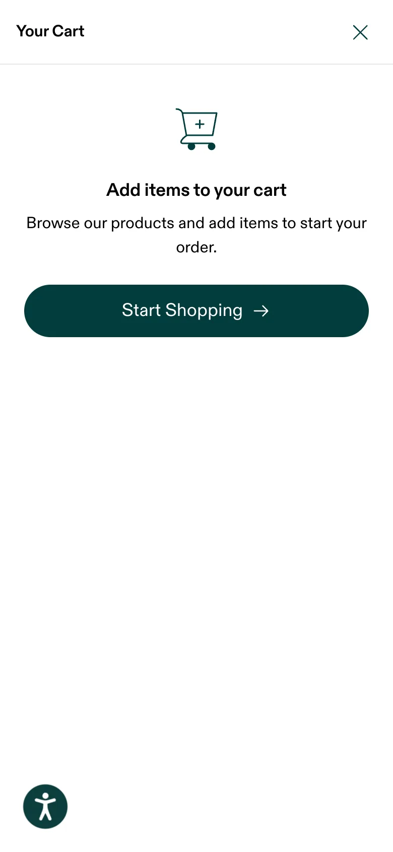 AG1 empty Your Cart drawer: a cart icon, 'Add items to your cart', and a lone Start Shopping button, with zero product recommendations or offer recap