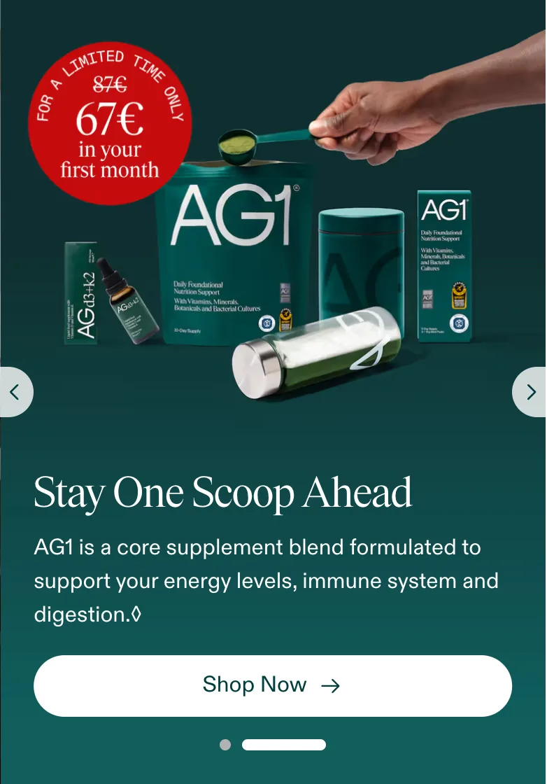 AG1 mobile hero: logo, cart, hamburger and a full-width carousel image with chevrons, no price or buy button