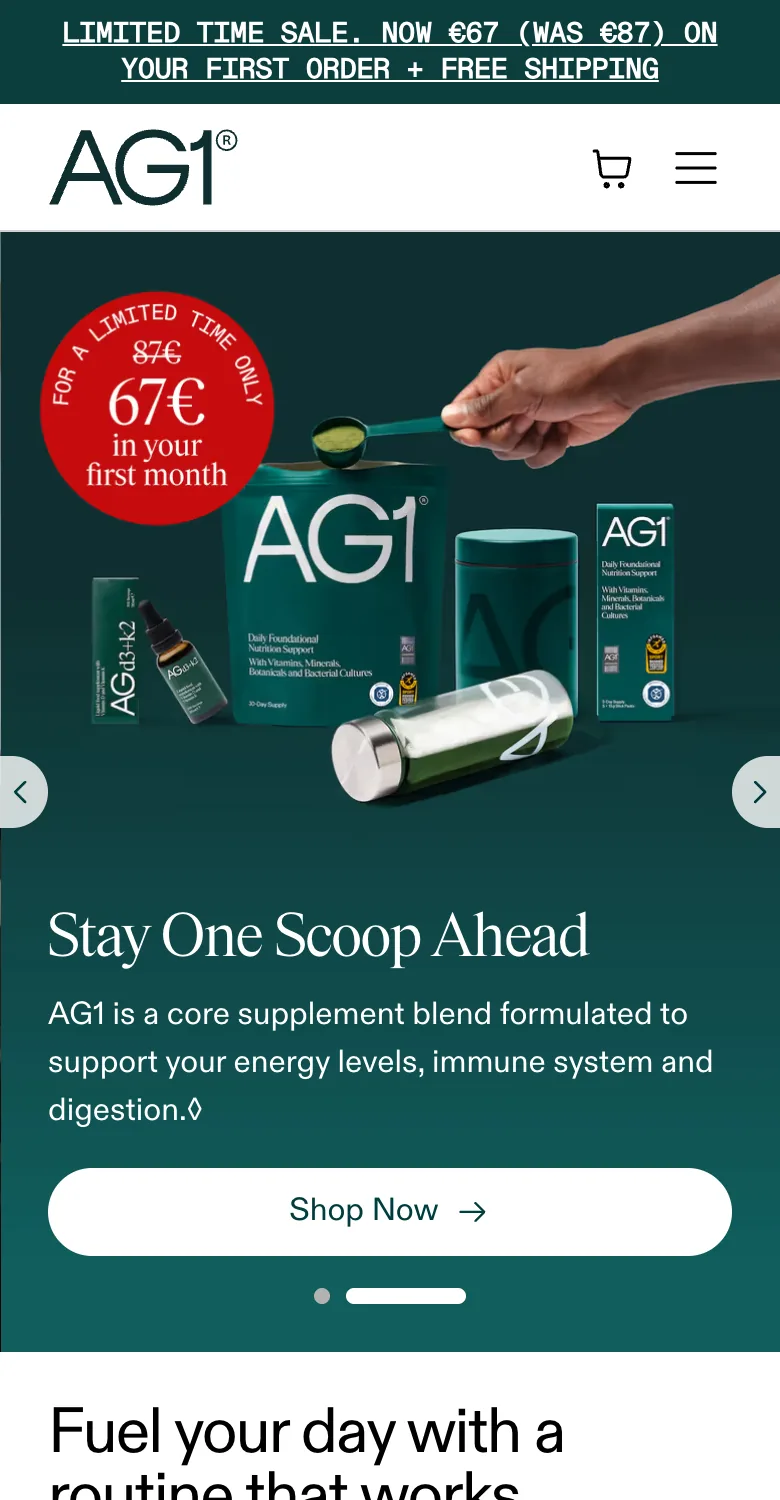 AG1 sticky announcement bar: "LIMITED TIME SALE. NOW €67 (WAS €87) ON YOUR FIRST ORDER + FREE SHIPPING"