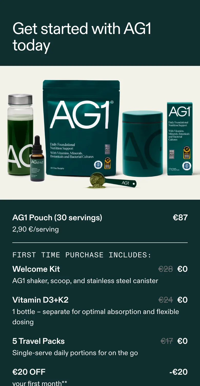 AG1 mobile offer box: stacked Welcome Kit, D3+K2 and Travel Packs to €0, total €87→€67, one "Try AG1 Now" button