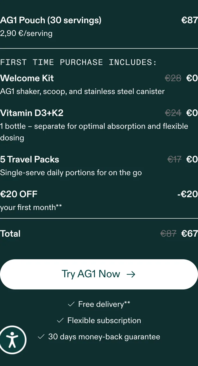 AG1 "Flexible subscription" microcopy: two words with no skip/pause/cancel detail spelled out