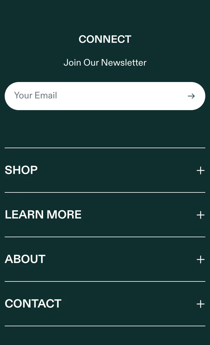 AG1 mobile footer: newsletter capture, SHOP/LEARN MORE accordions exposing Refer Friends and Reviews, Trustpilot widget