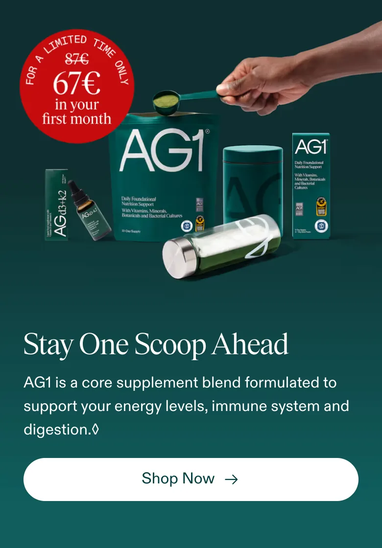 AG1 mobile PDP: identical to the homepage, same announcement bar, nav and carousel hero