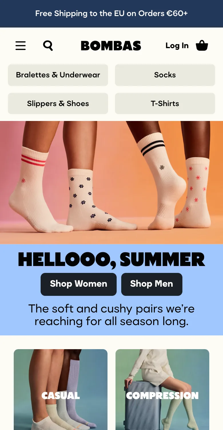 Bombas sticky announce bar: "Free Shipping to the EU on Orders €60+"