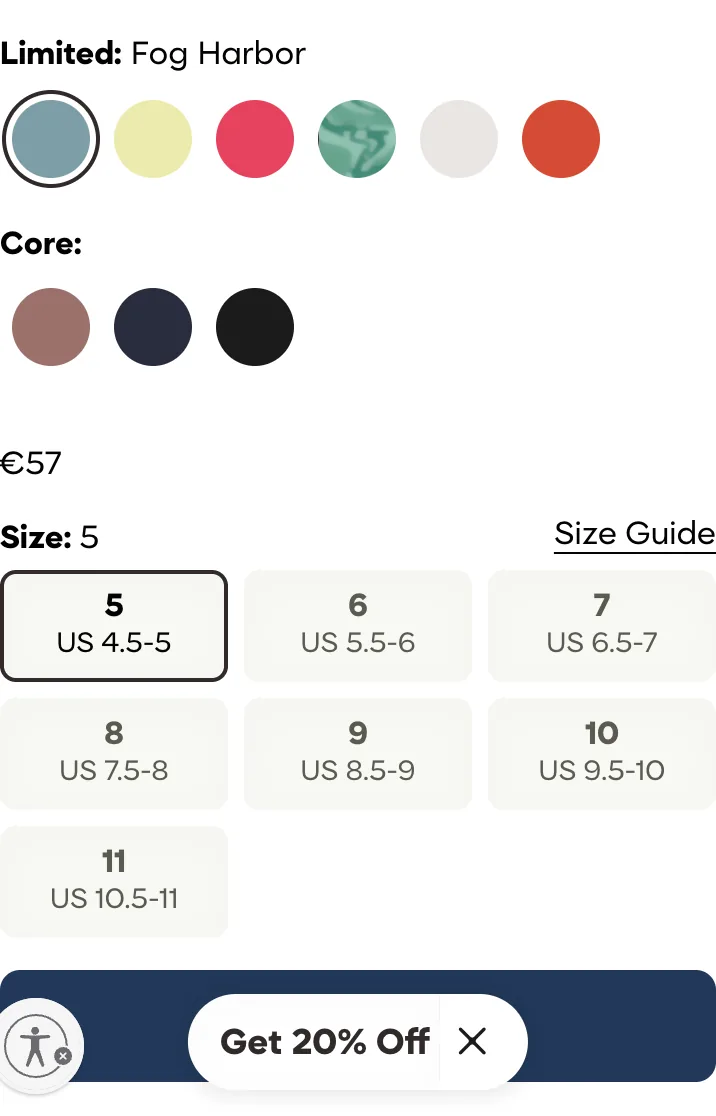 Bombas Friday Sandal mobile buy box: title, swatches and size grid with no price shown