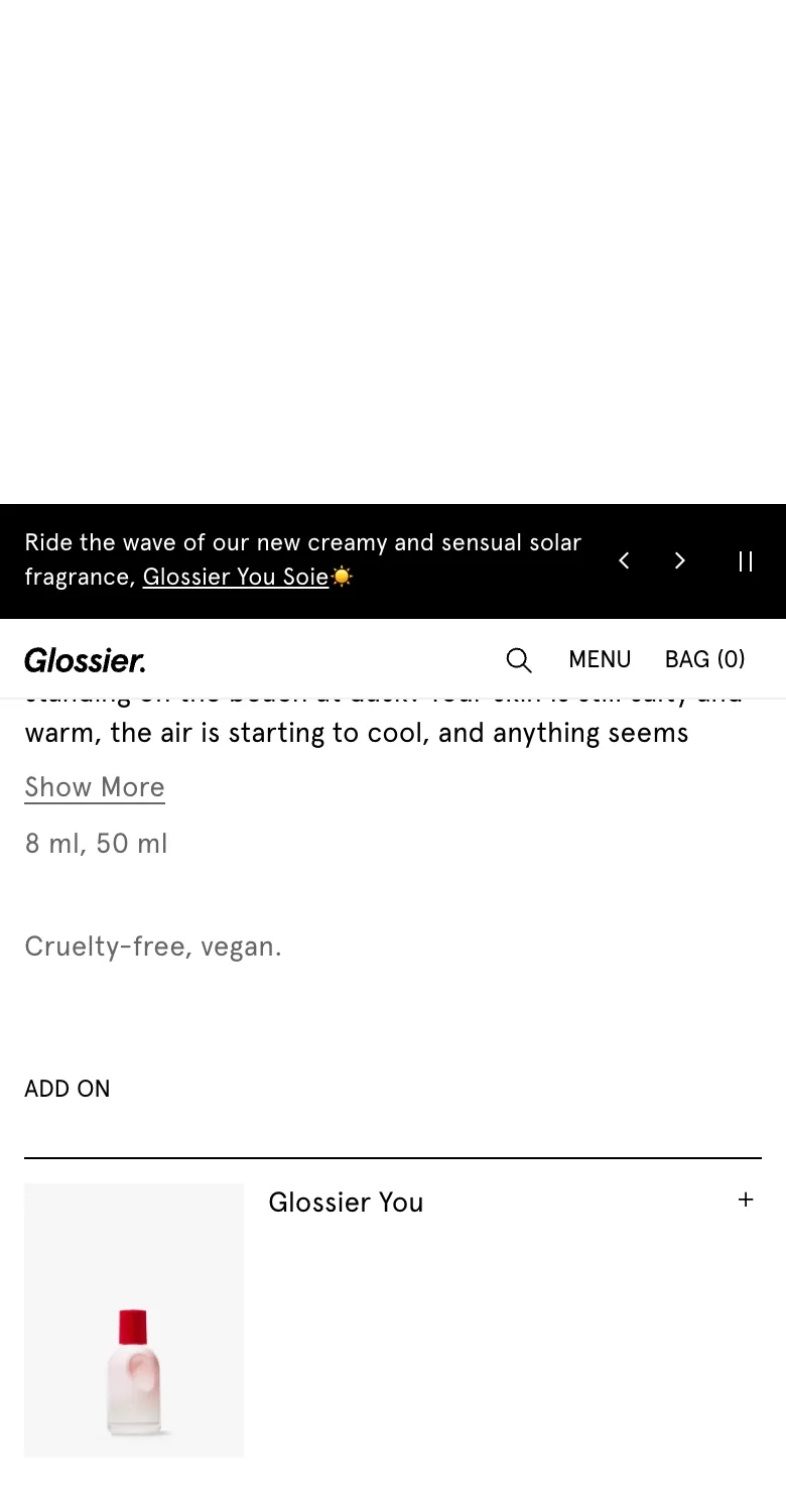 Glossier You Soie mobile buy box with variant tiles, a subscribe-and-save radio, and an Add to bag $82 button
