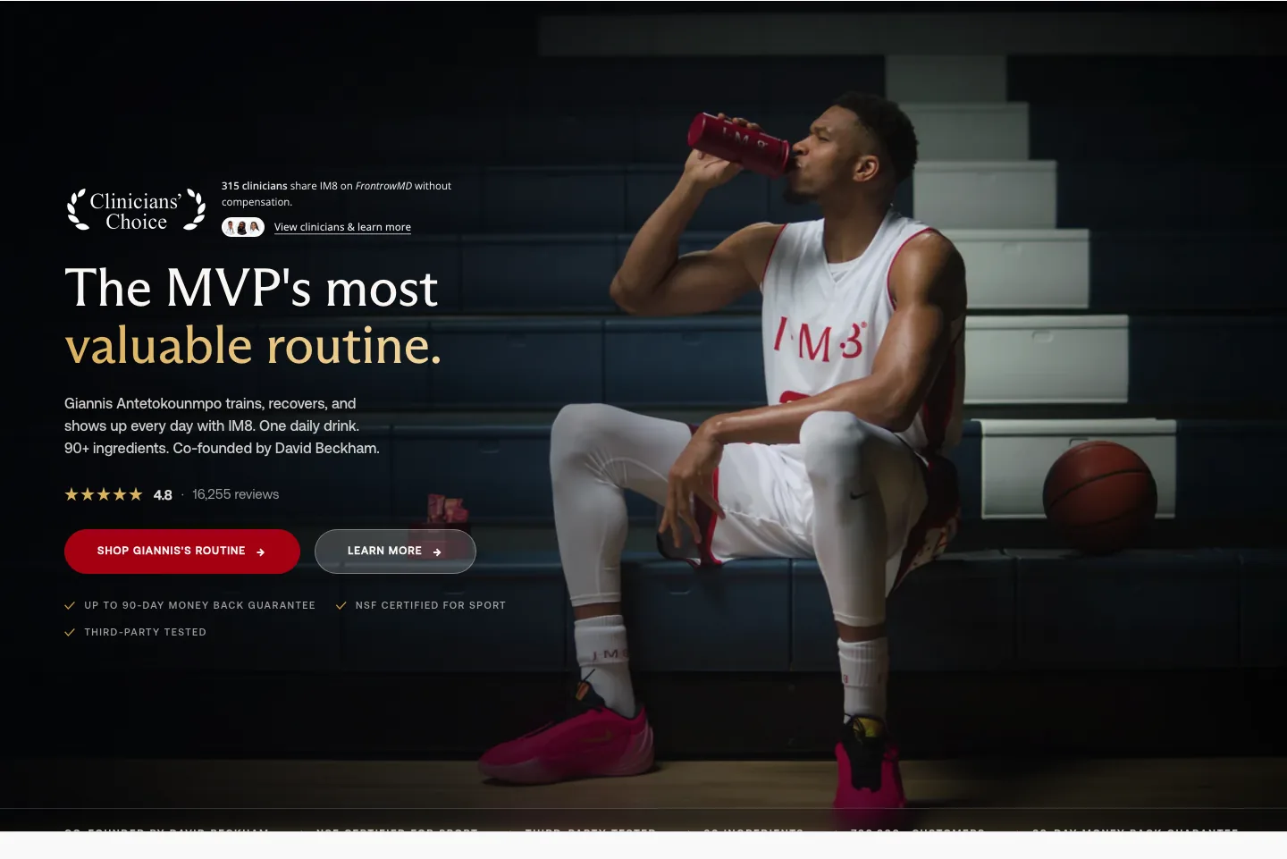 IM8 home hero: athlete-led "MVP's most valuable routine" with press logos