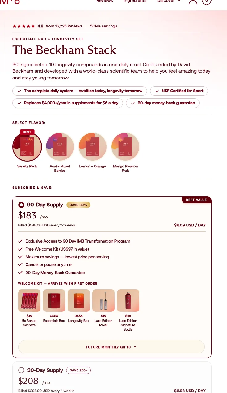 IM8 Beckham Stack buy box: flavour picker, subscription plans, welcome-kit gifts
