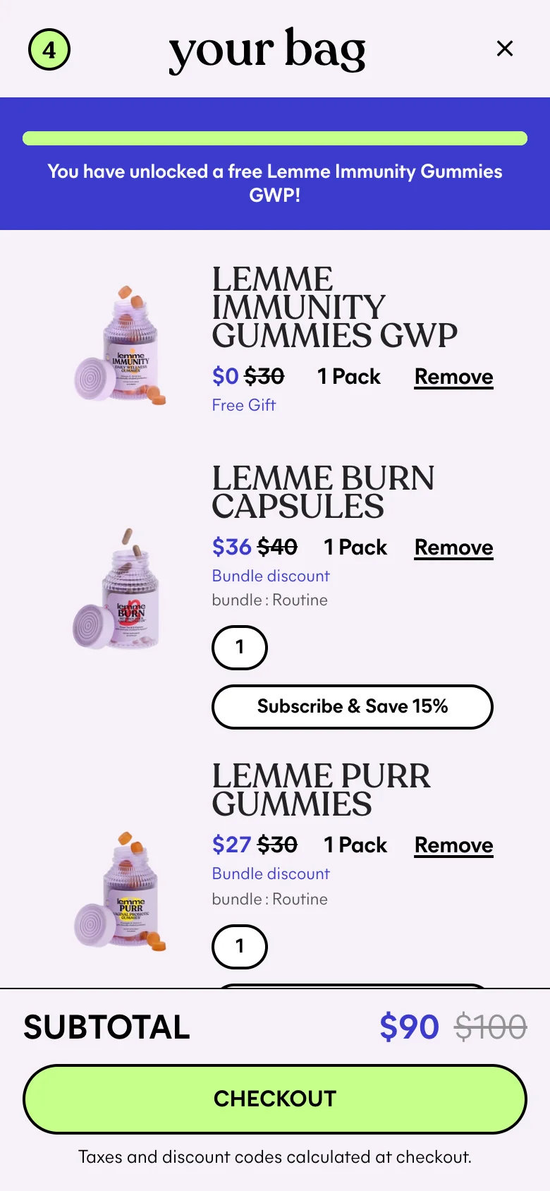 Lemme cart "Subscribe & Save 15%" against the hero's 35% and a home block's 20%