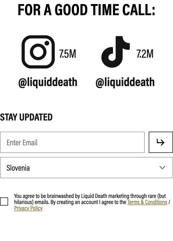 Liquid Death follower-count proof block buried near the bottom of the mobile page