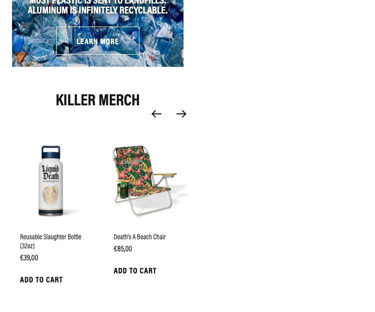 Liquid Death Killer Merch card whose Add to Cart is plain text rather than a button