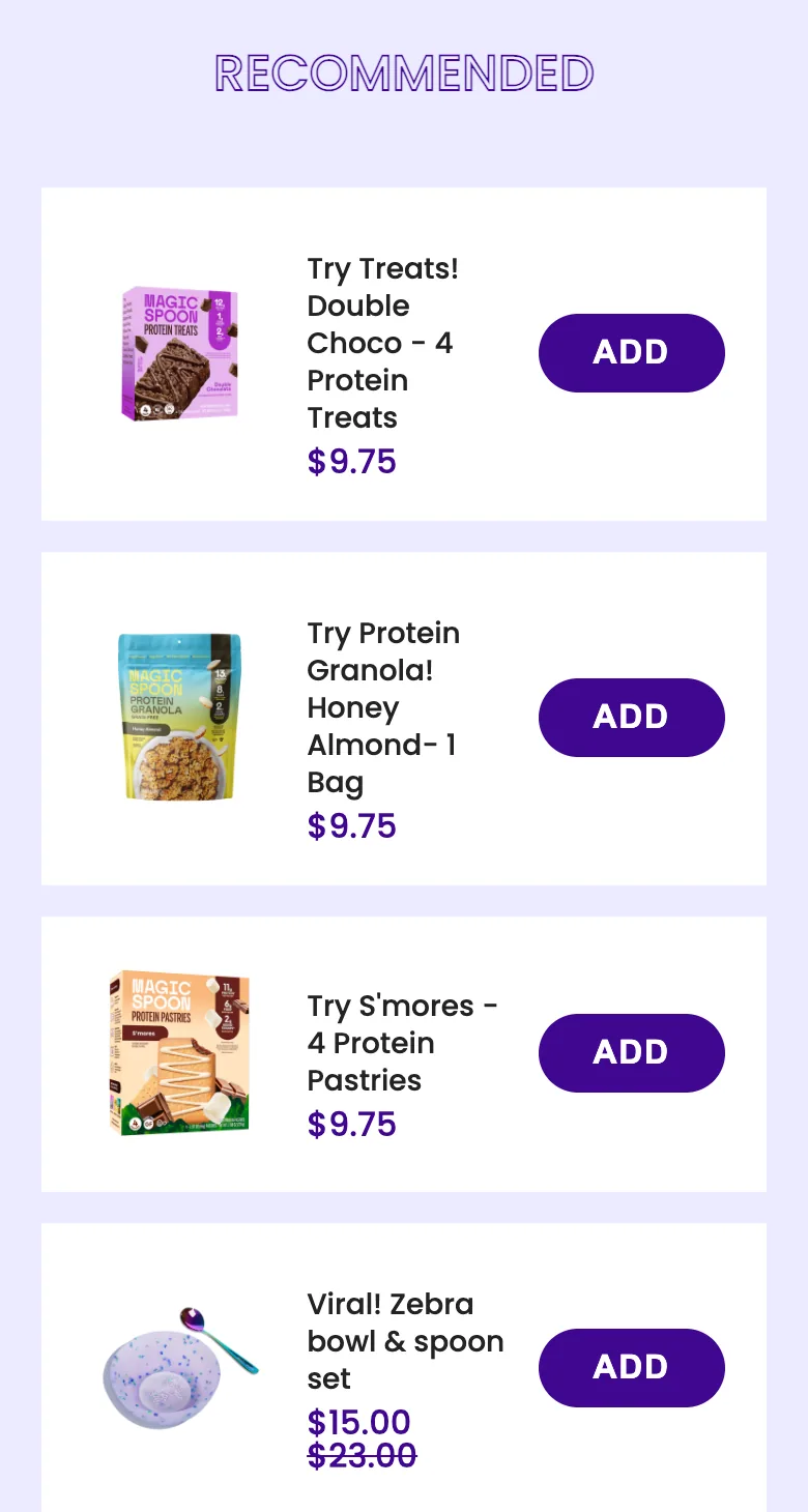 Magic Spoon cart with a working RECOMMENDED cross-sell but no free-shipping or spend-goal bar