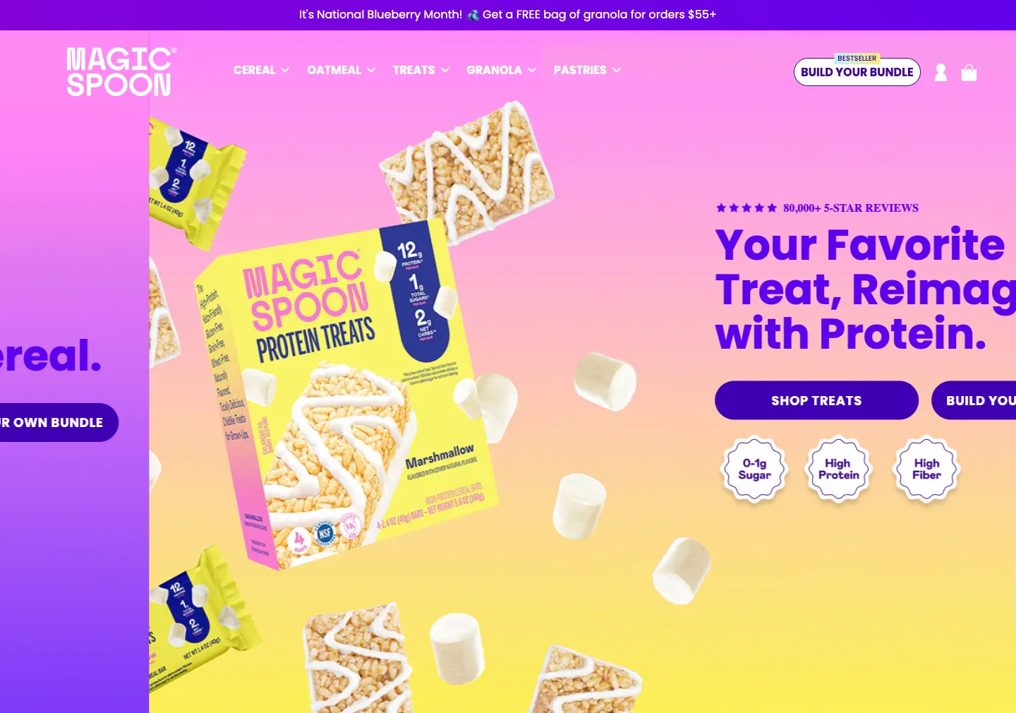 Magic Spoon hero merchandising a Build Your Own Bundle CTA alongside the shop button and trust badges
