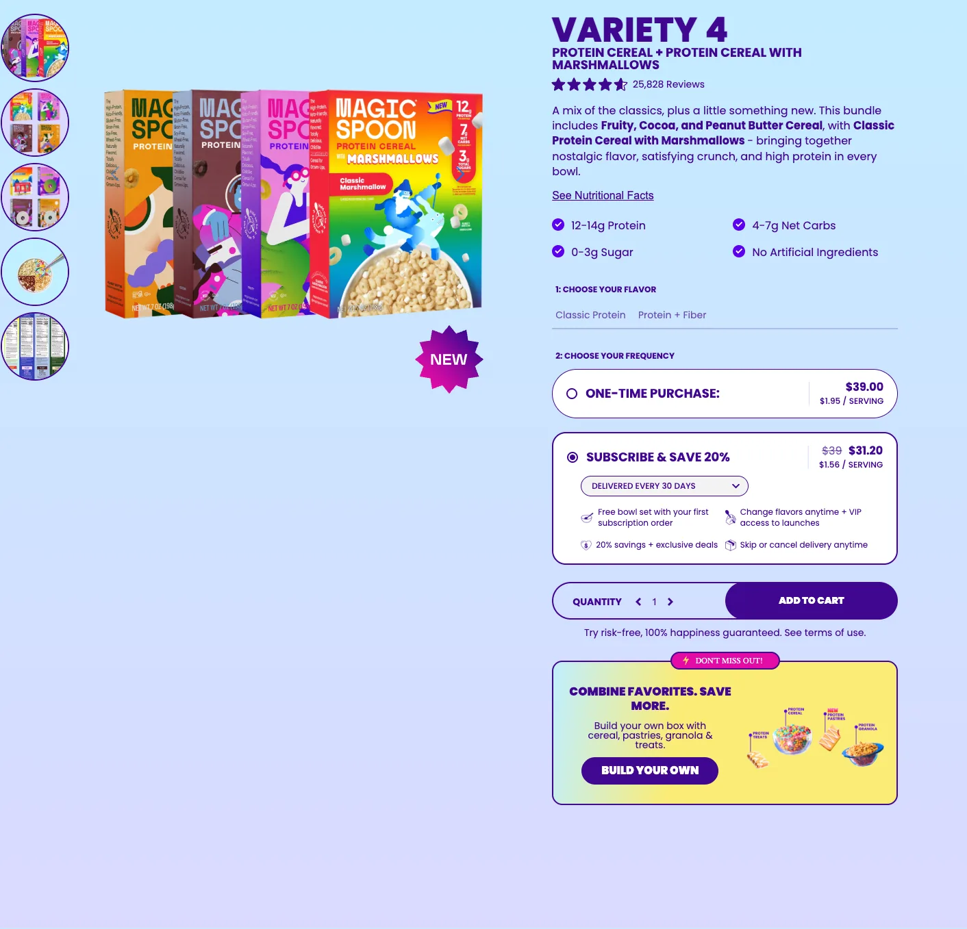 Magic Spoon PDP buy box with subscribe/one-time toggle and a Build Your Own bundle cross-sell below