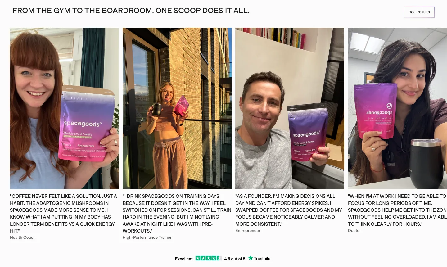 Spacegoods reviews block: "From the gym to the boardroom" customer results, placed mid-page