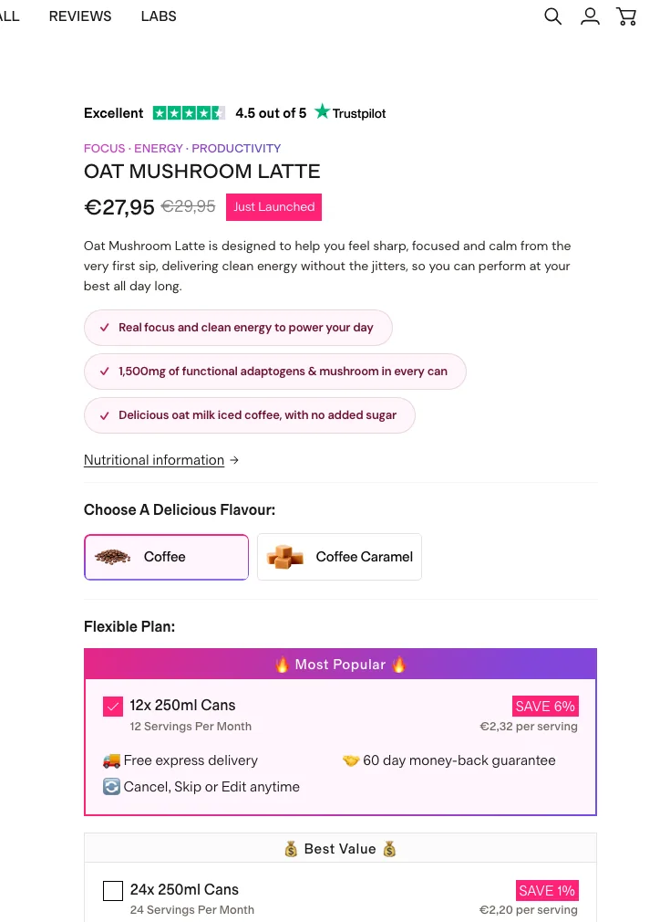 Spacegoods product buy box: subscription plans, flavour picker, Try Risk Free button